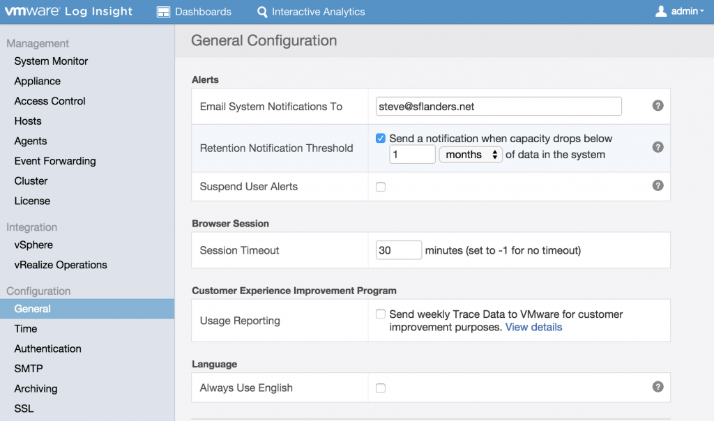 Log Insight Retention Period SFlanders